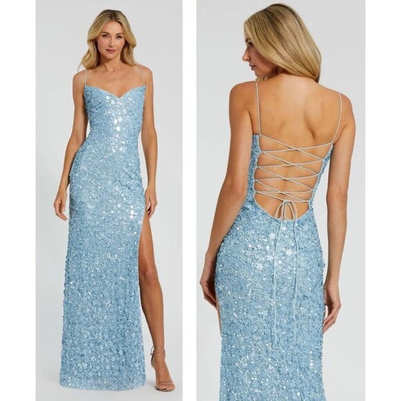 Mac Duggal Dresses & Skirts - Mac Duggal Womens Size 2 XS Blue Sequin Strappy Back Long Formal Prom Gown Dress